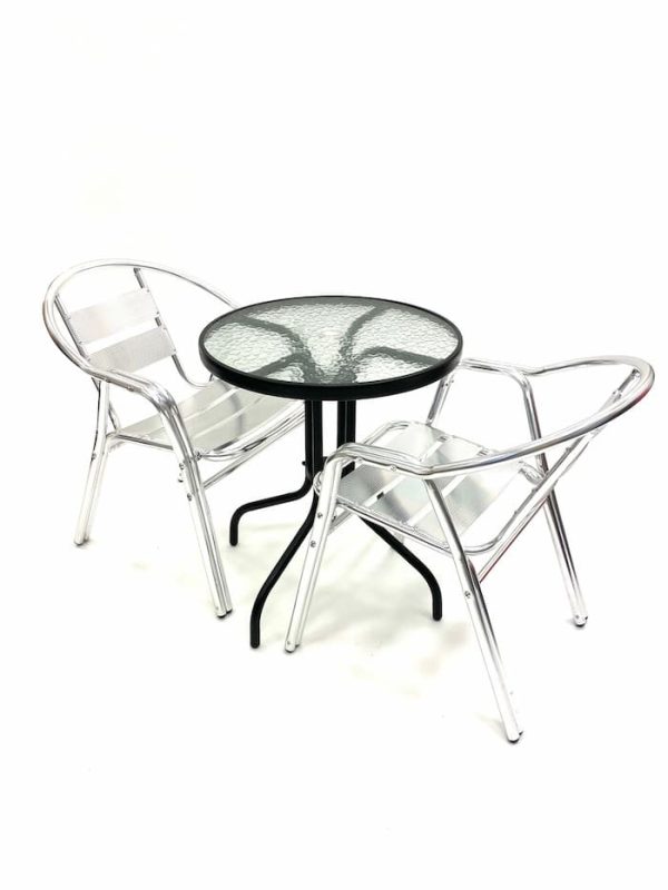 Aluminium Garden Set Round Glass Table & 2 Double Tube Chairs