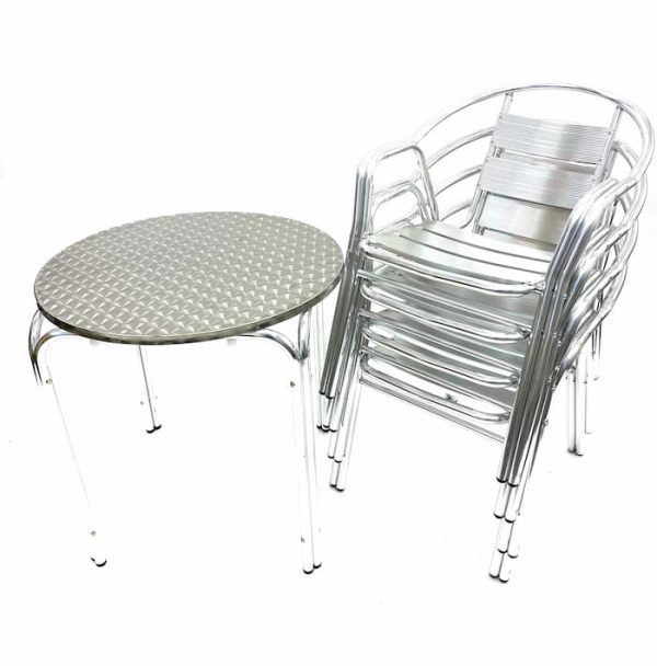 Aluminium Garden Set – Round Table & 4 Double Tube Chairs - Stacked Chairs - BE Furniture Sales