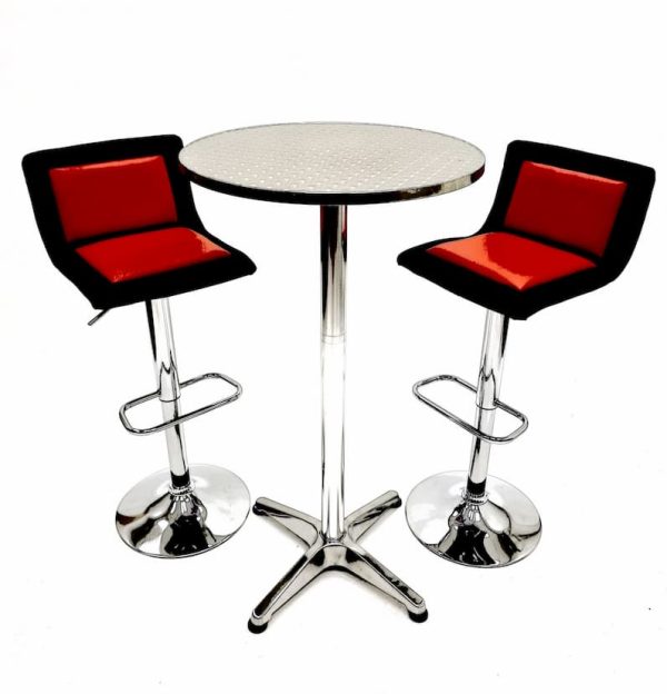 2 x Black, Red Faux Leather Bar Stools & Aluminium Bar Table - BE Furniture Sales