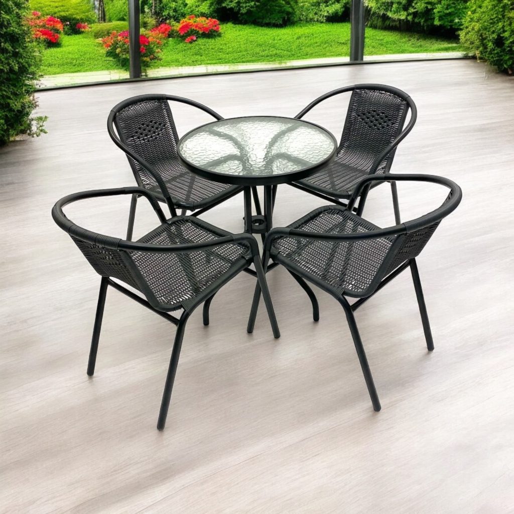 Black Rattan Furniture Set - Round Glass Table & 4 Rattan Chairs
