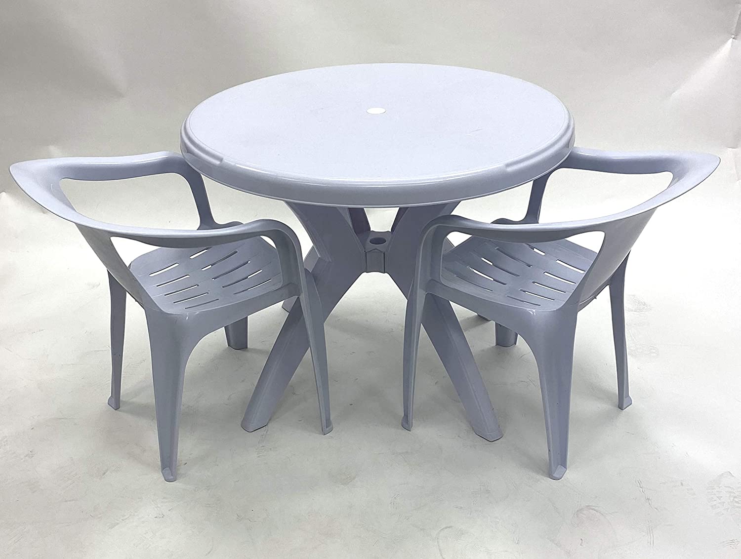 White Plastic Garden Furniture - Round Table, 2 x Statted Chairs