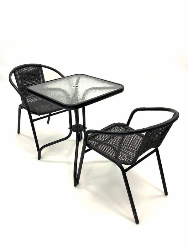 2 Black Framed Rattan Chairs & 1 Square Glass Table Set - BE Furniture Sales