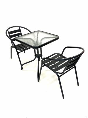 2 x Black Steel Chairs & Square Glass Garden Table - BE Furniture Sales