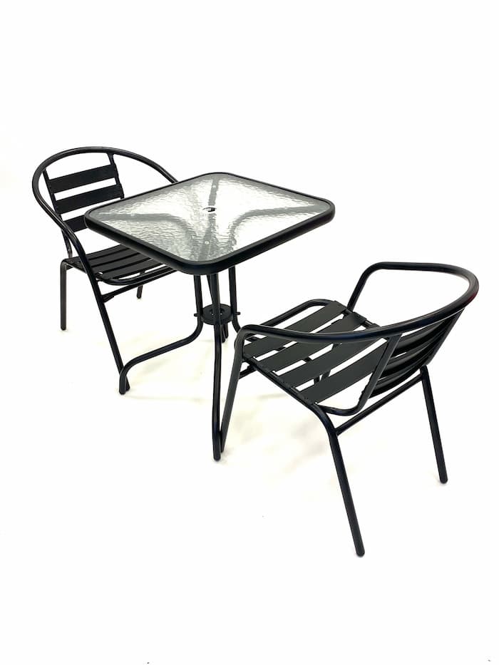 Black Garden Set Square Glass Table & 2 Black Steel Chairs