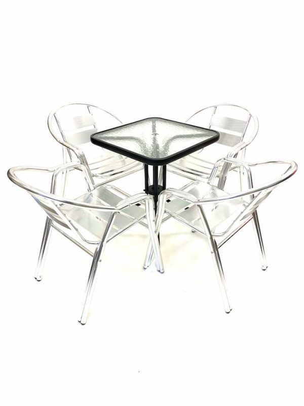 Aluminium Garden Set - Square Glass Table & 4 Double Tube Chairs - BE Furniture Sales