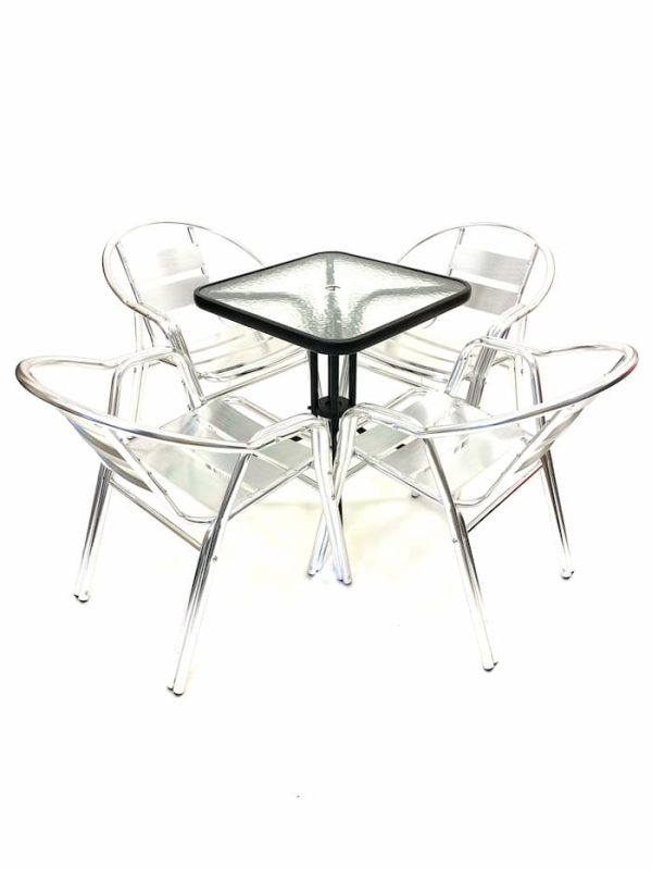 Aluminium Garden Set Square Glass Table & 4 Double Tube Chairs