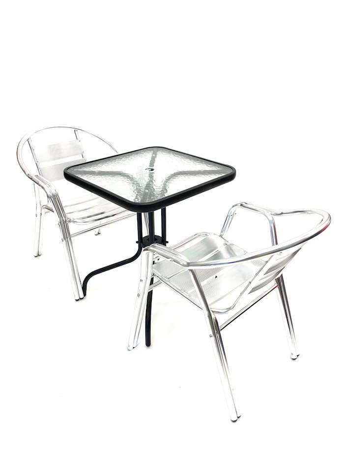 Aluminium Garden Set Square Glass Table & 2 Double Tube Chairs