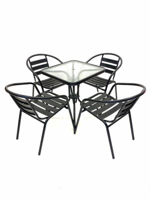 Black Garden Set - Square Glass Table & 4 Black Steel Chairs - BE Furniture Sales