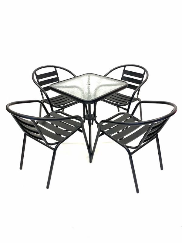 4 x Black Steel Chairs & Square Glass Garden Table - BE Furniture Sales