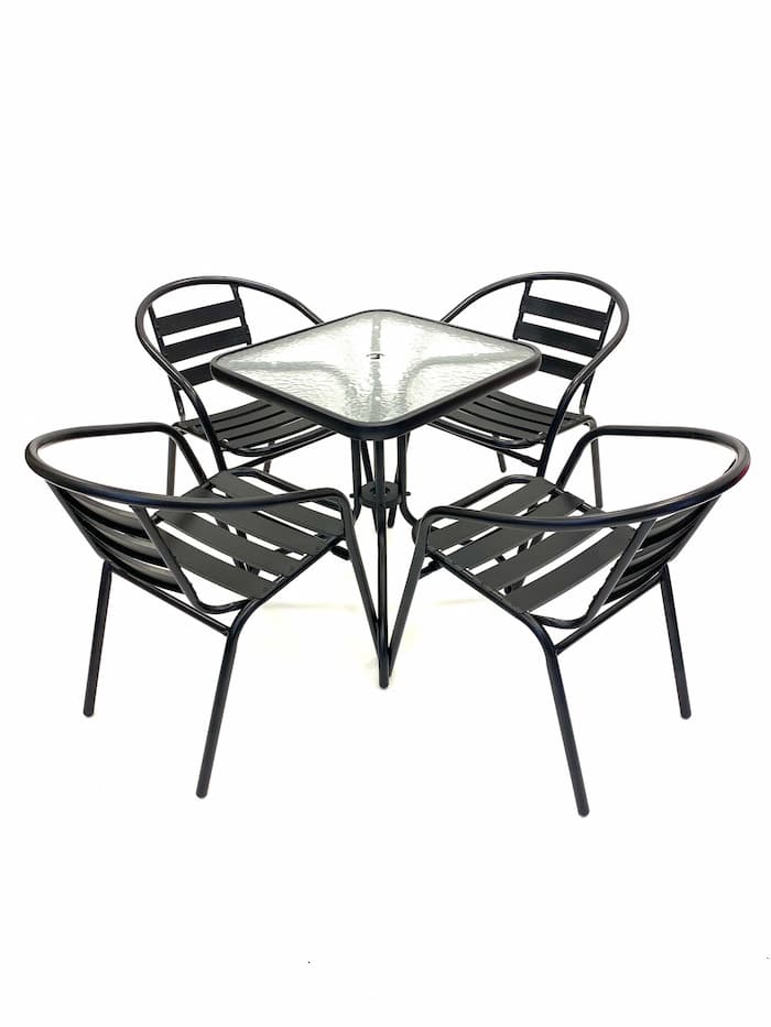 Black Garden Set Square Glass Table & 4 Black Steel Chairs