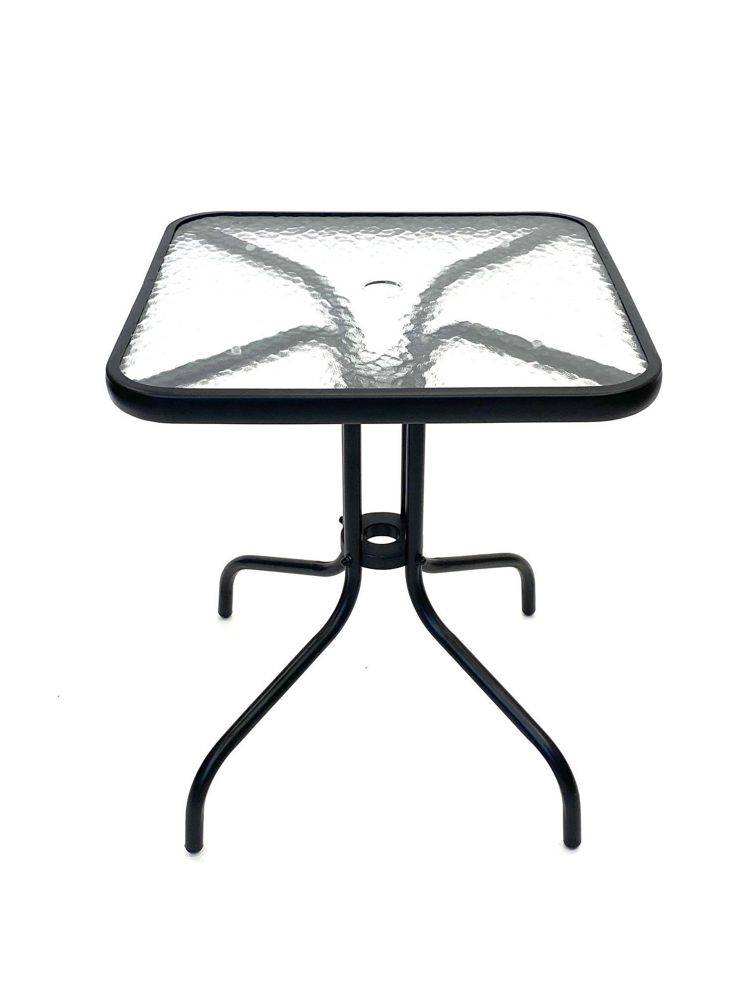 Black Garden Set Square Glass Table & 4 Black Steel Chairs