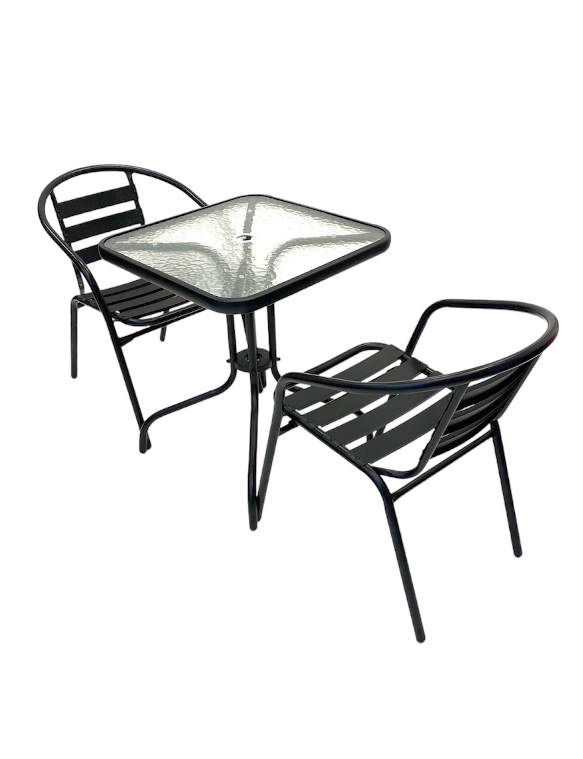 Black Garden Set Square Glass Table & 2 Black Steel Chairs