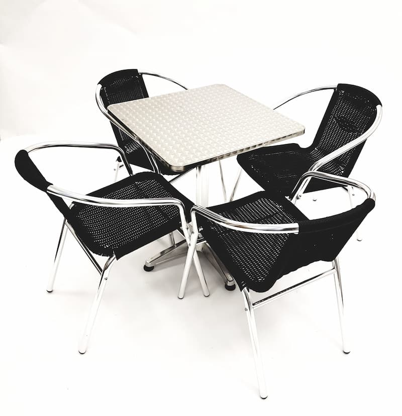 Aluminium Garden Set Square Pedestal Table & 4 Black Rattan Chairs