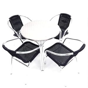 Black Rattan Garden Set - Round Aluminium Table & 4 Black Rattan Chairs - BE Furniture Sales