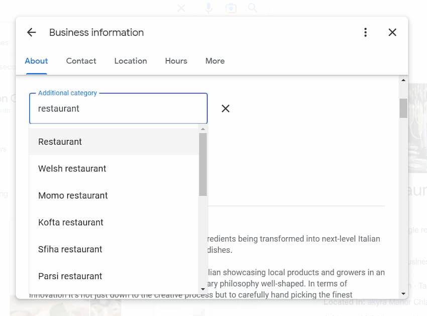 Restaurant Google Business Profile - Category - BE Furniture Sales