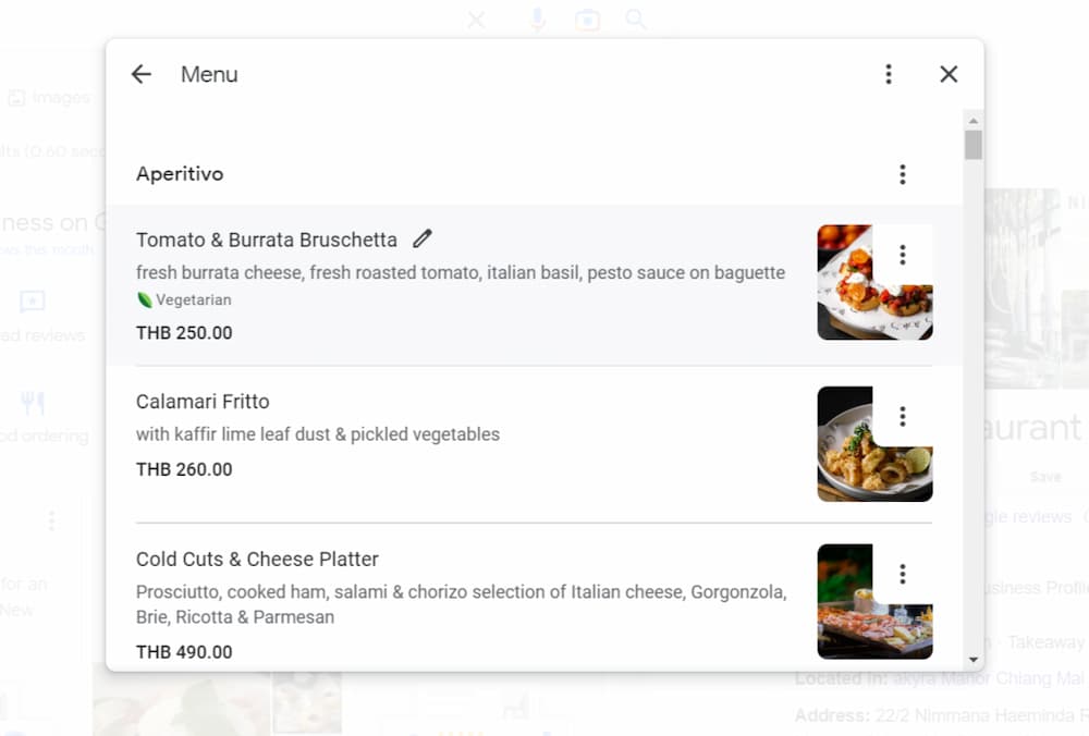 Restaurant Google Business Profile - Edit Menu - BE Furniture sales
