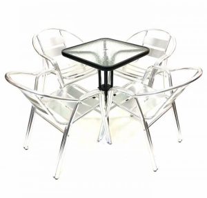Aluminium Garden Set – Square Glass Table & 4 Double Tube Chairs - BE Furniture Sales