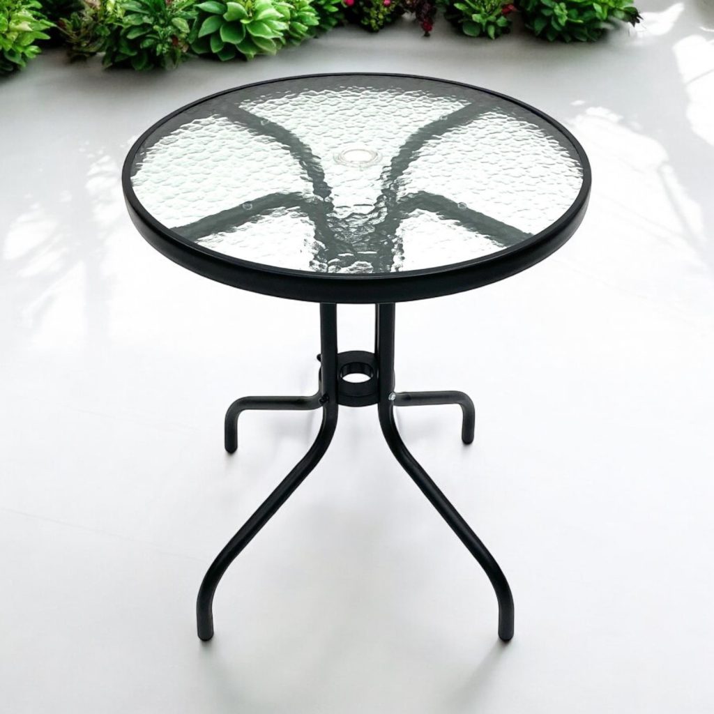 Round Glass Garden Table - Black Frame, 60cm Dia - BE Furniture Sales